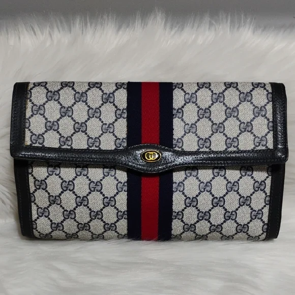 SALE! Authentic Gucci GG Supreme Sherry Line Leather Vtg Clutch Bag - Picture 1 of 16